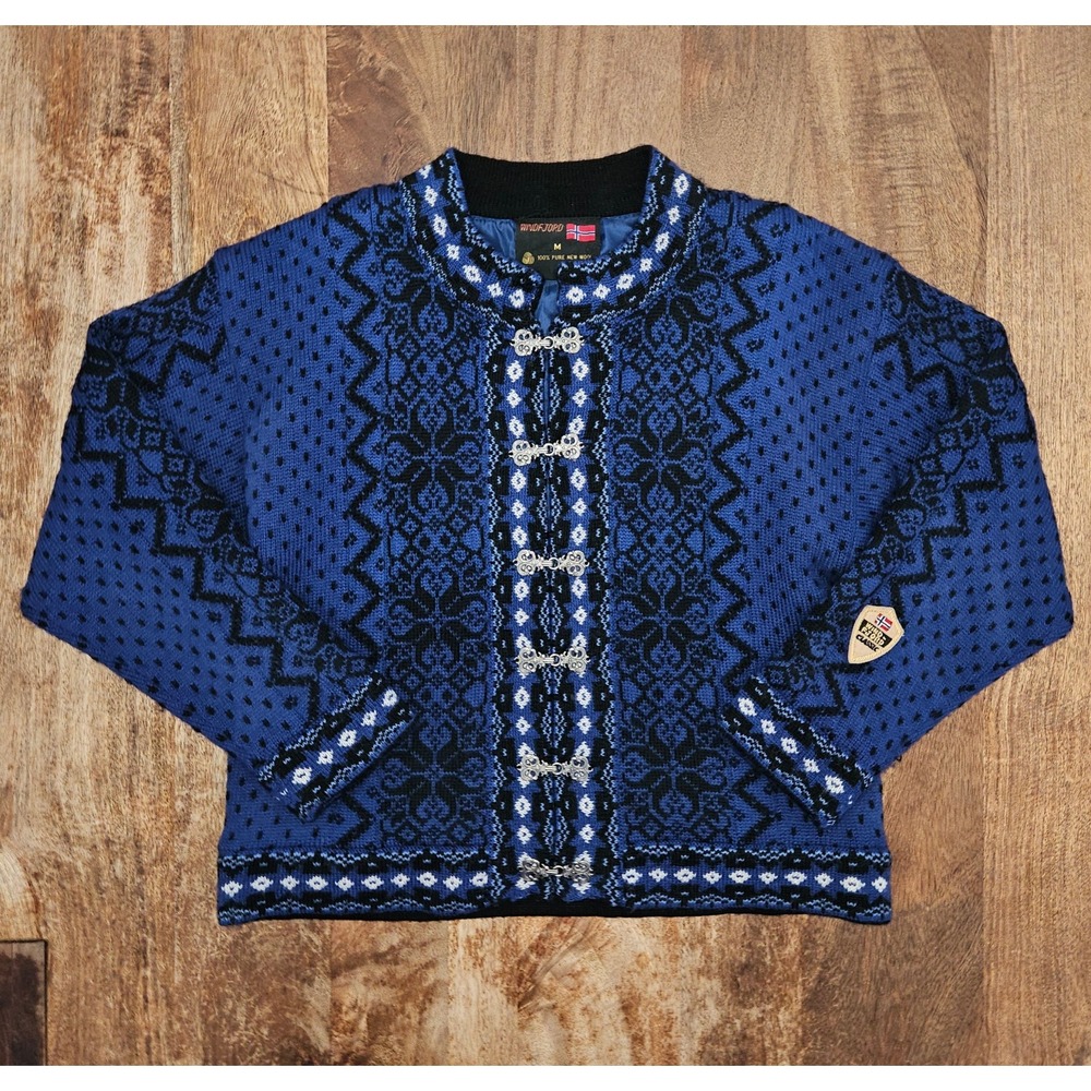 Vtg Windfjord Norway Lillehammer Wool Cardigan Sweater Jacket Women M Blue Clasp